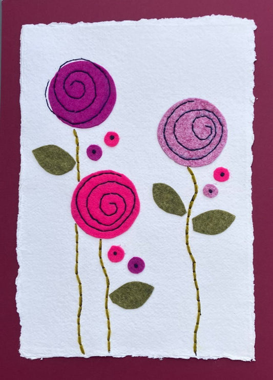 Textile picture - Contemporary Pink Flowers Heads - Slow Stitch Wall Hanging