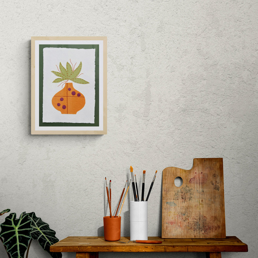 Textile picture - Orange Pot with Green Foliage