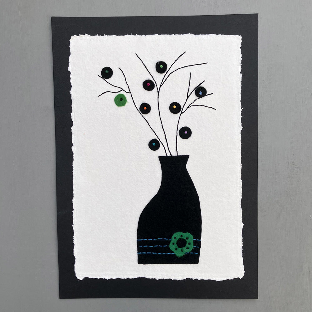 Textile Picture - Black Vase, Stems and Circle Flowers