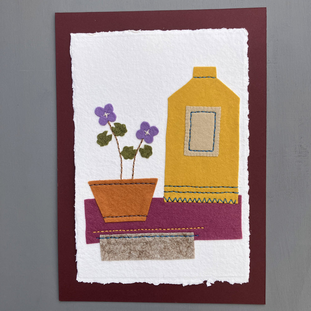 Textile picture - Jar and Violet Flowers in Pot