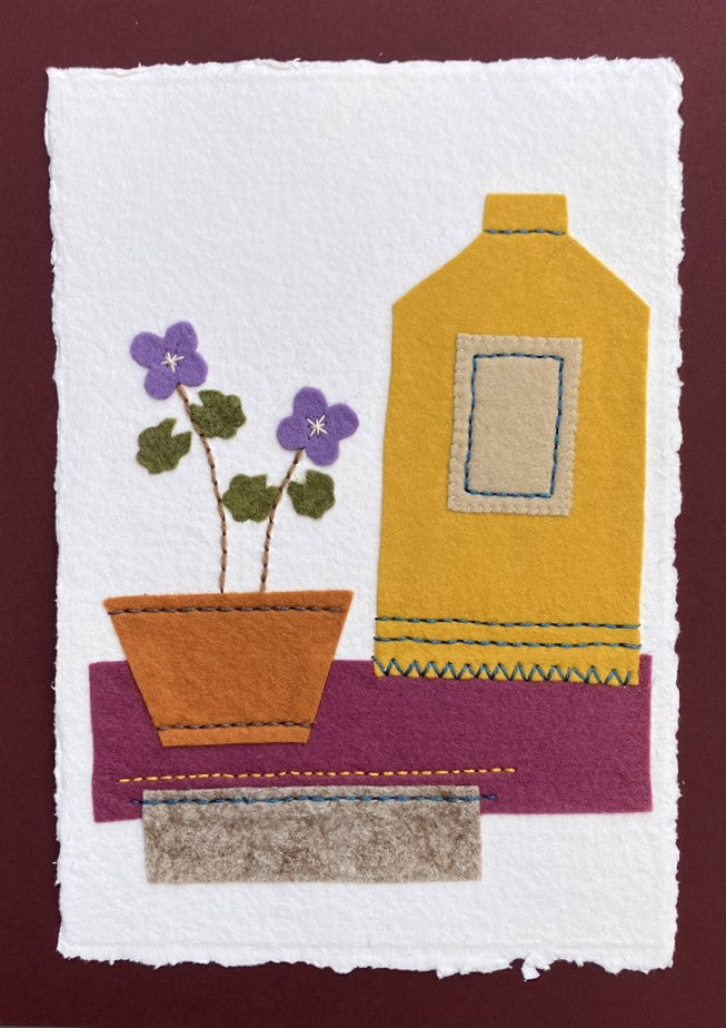 Textile picture - Jar and Violet Flowers in Pot