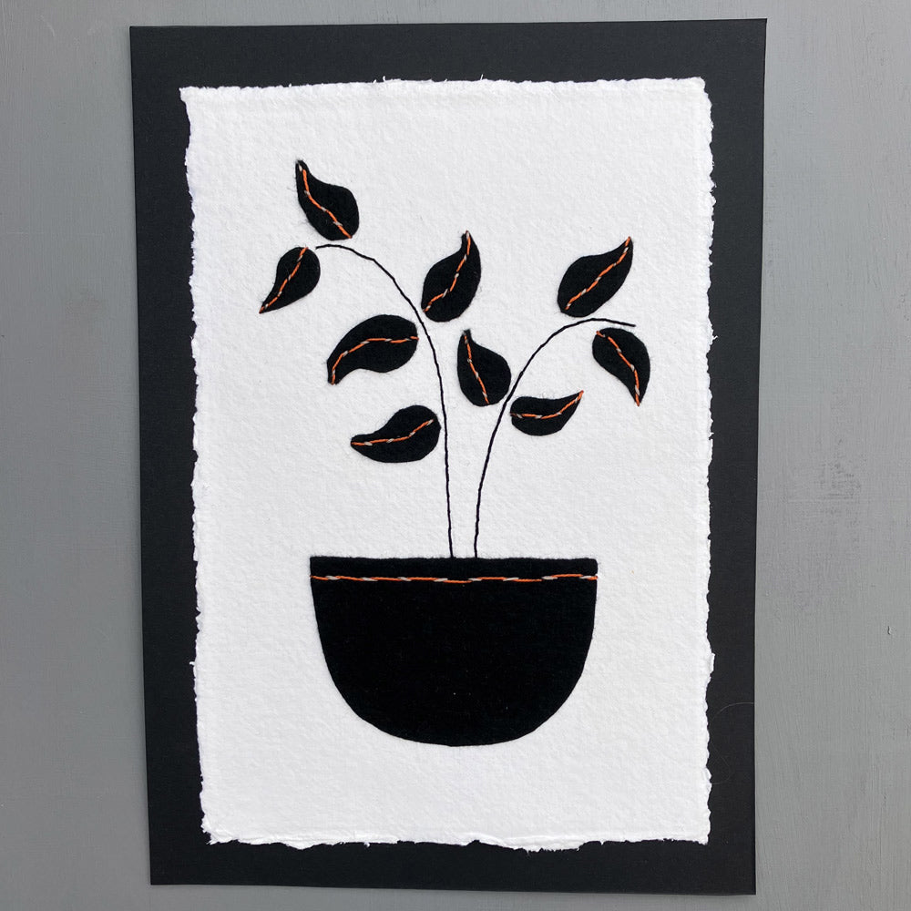 Textile Picture - Black Pot with Stems and Leaves - Wall Art