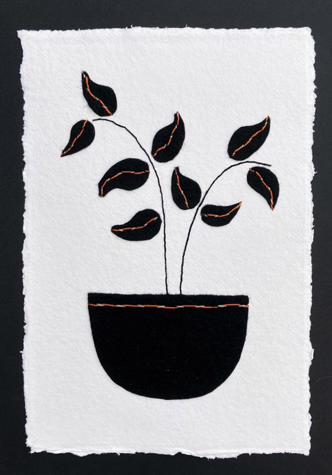 Textile Picture - Black Pot with Stems and Leaves - Wall Art