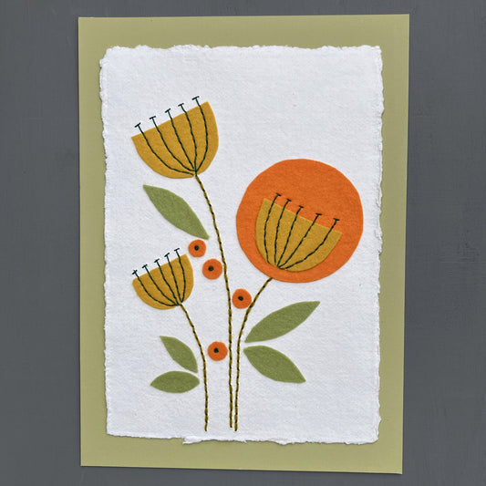 Textile picture - Gold Flower Heads and Green Leaves