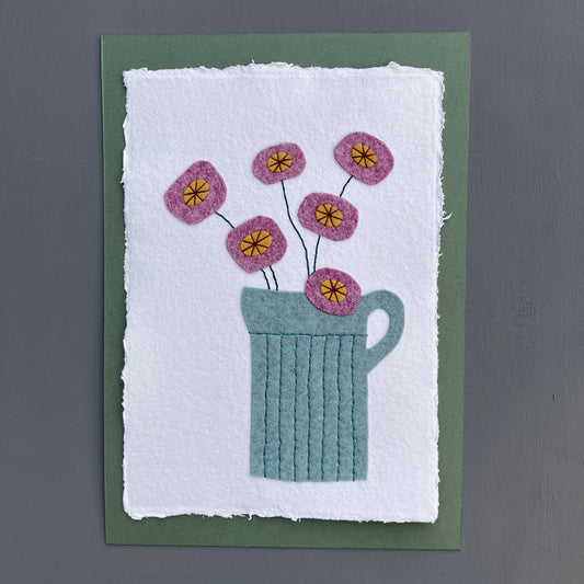 Textile Picture - Green/Blue Jug with Contemporary Flowers