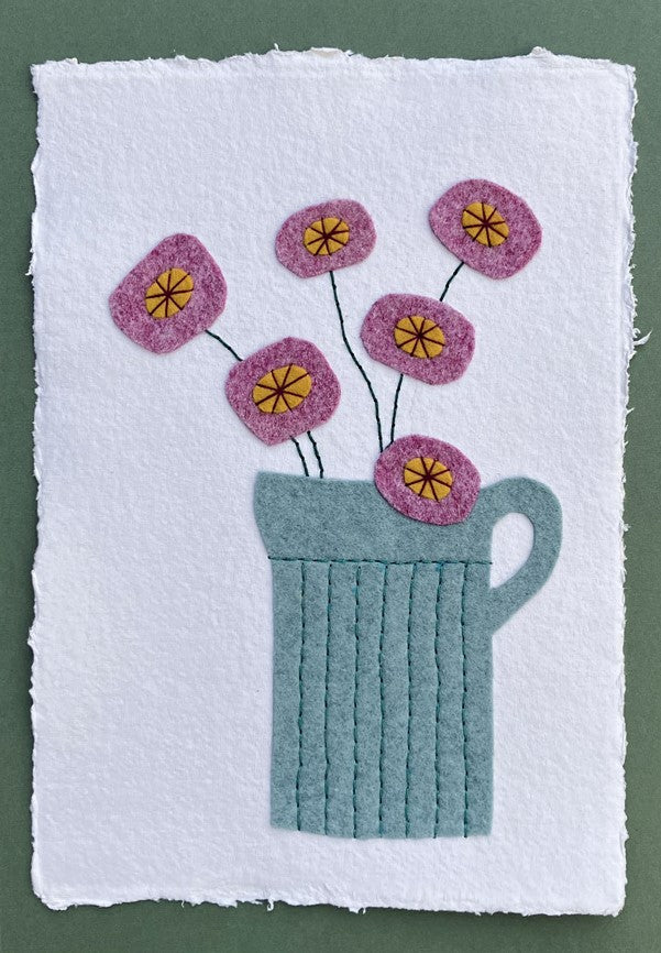 Textile Picture - Green/Blue Jug with Contemporary Flowers