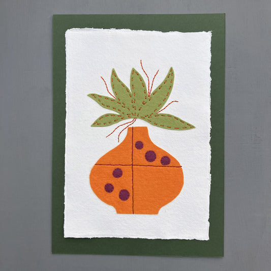 Textile picture - Orange Pot with Green Foliage