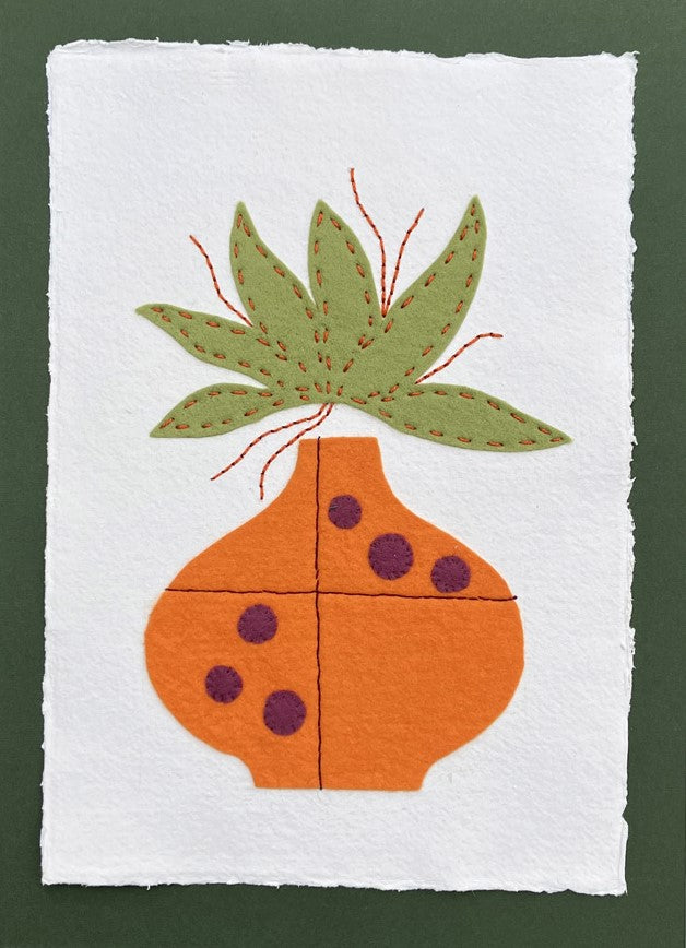 Textile picture - Orange Pot with Green Foliage