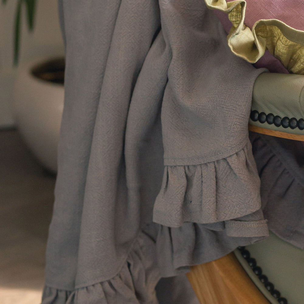 Pale Grey Linen Throw with Frill