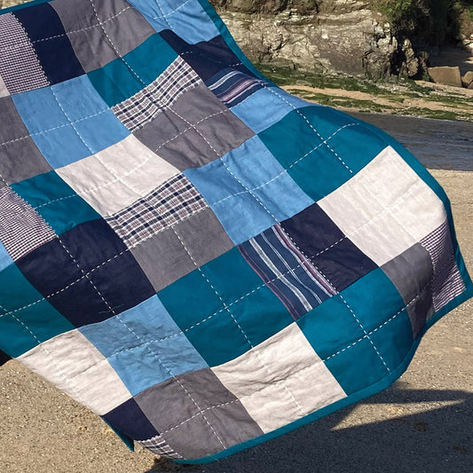 Modern Quilted Textile Throw, Natural Fabrics, Hand Stitched