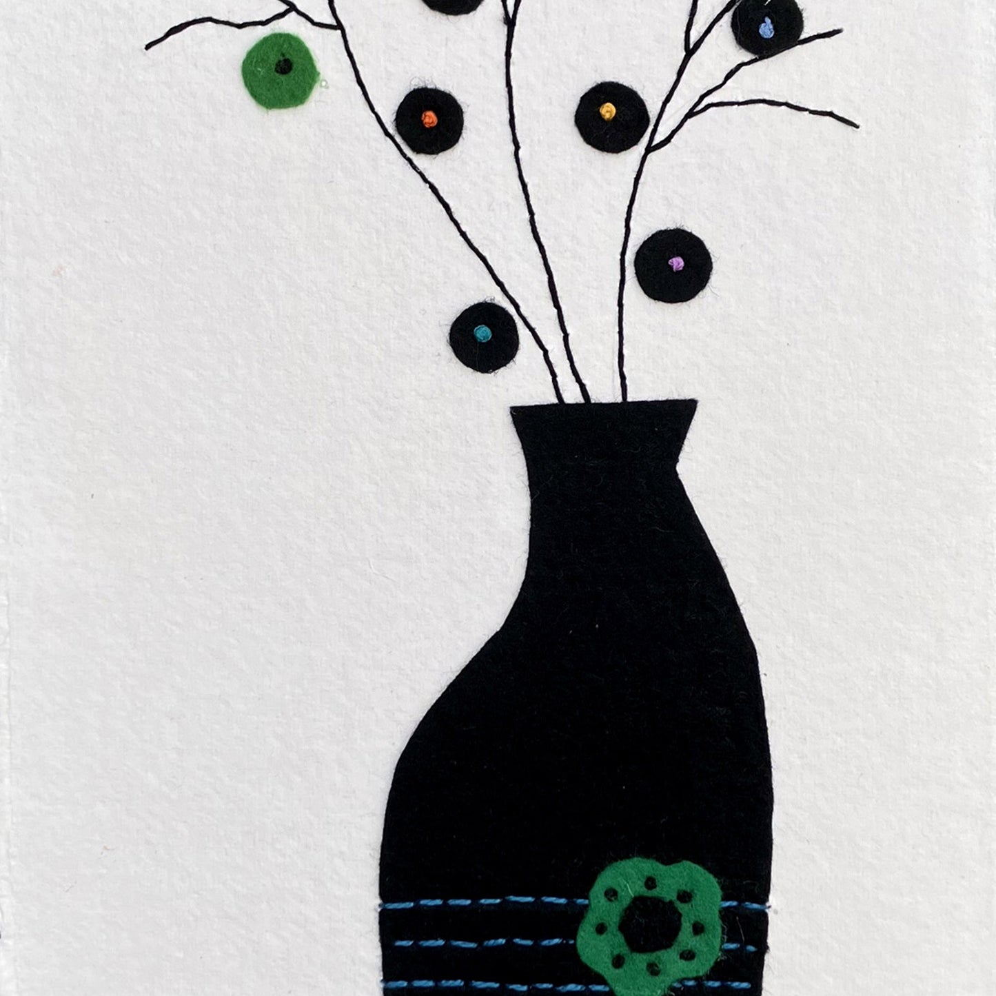 Textile Picture - Black Vase, Stems and Circle Flowers - Wall Art