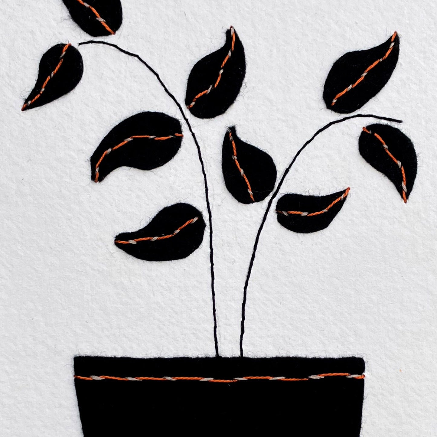 Textile Picture - Black Pot with Stems and Leaves - Wall Art