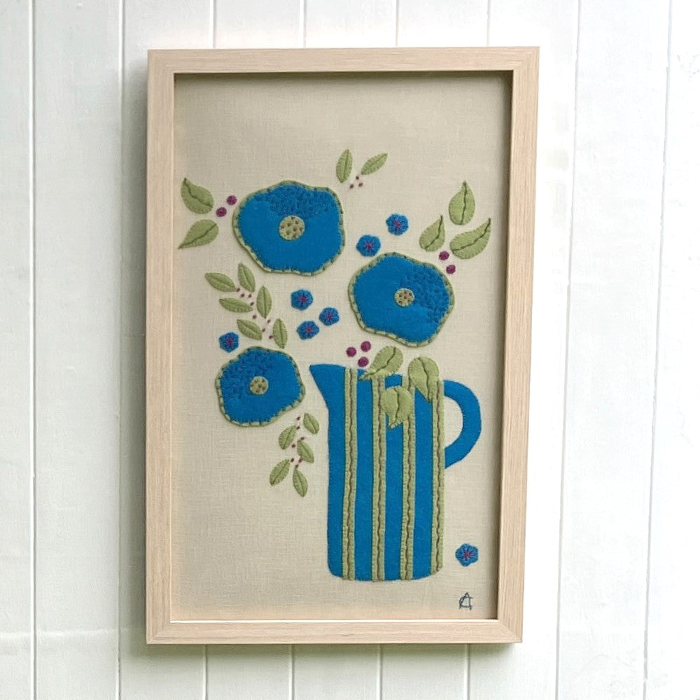 Textile Art Wall Hanging – Blue Stripe Jug - Large Oblong Slow Stitch Picture