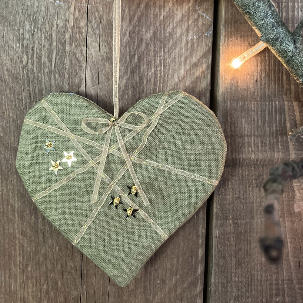 Christmas Heart Decoration in Olive Green Linen