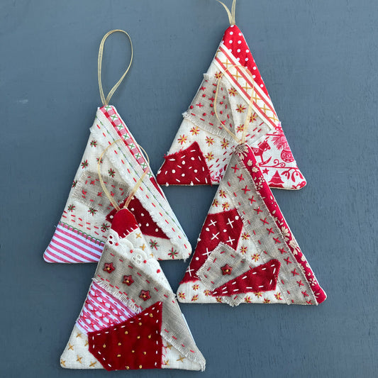 Patchwork Christmas Tree Decorations - Red