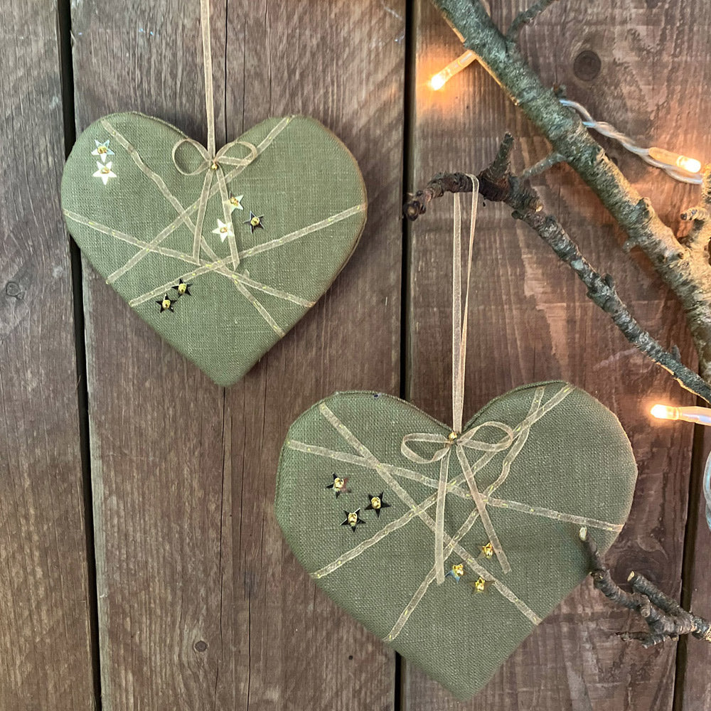 Christmas Heart Decoration in Olive Green Linen