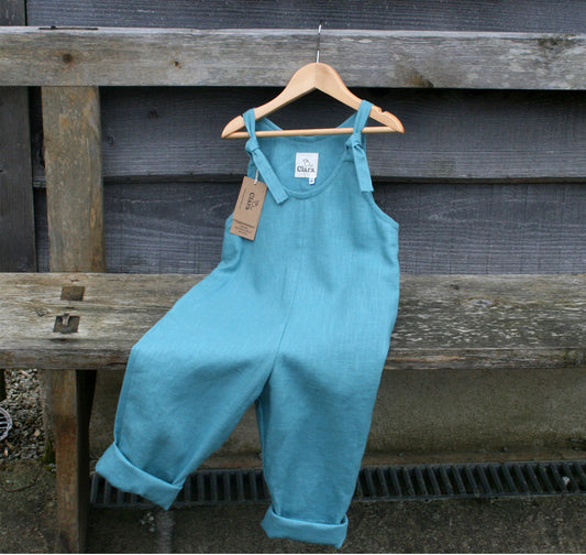 Childs Linen Dungarees - Teal