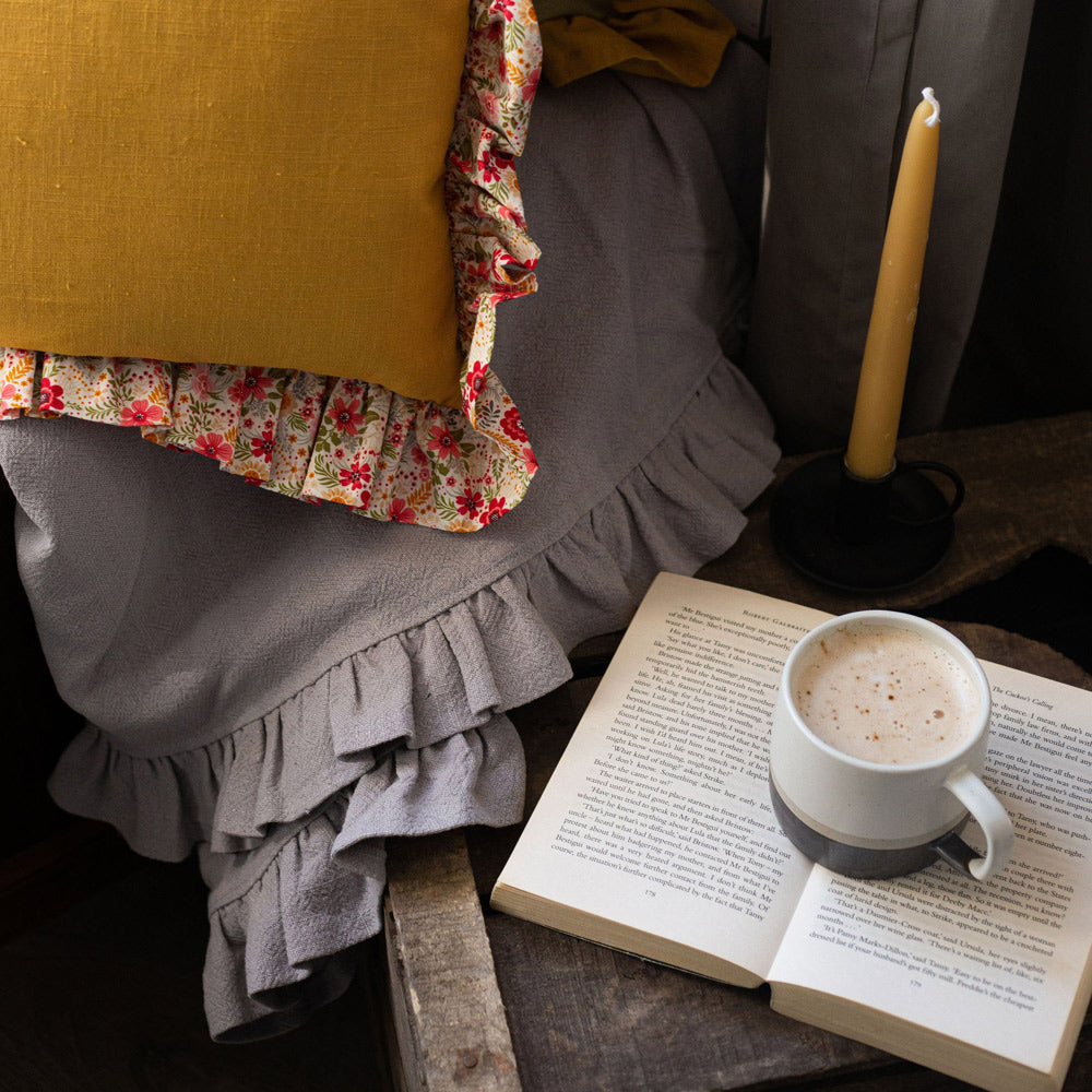 Pale Grey Linen Throw with Frill with other home products
