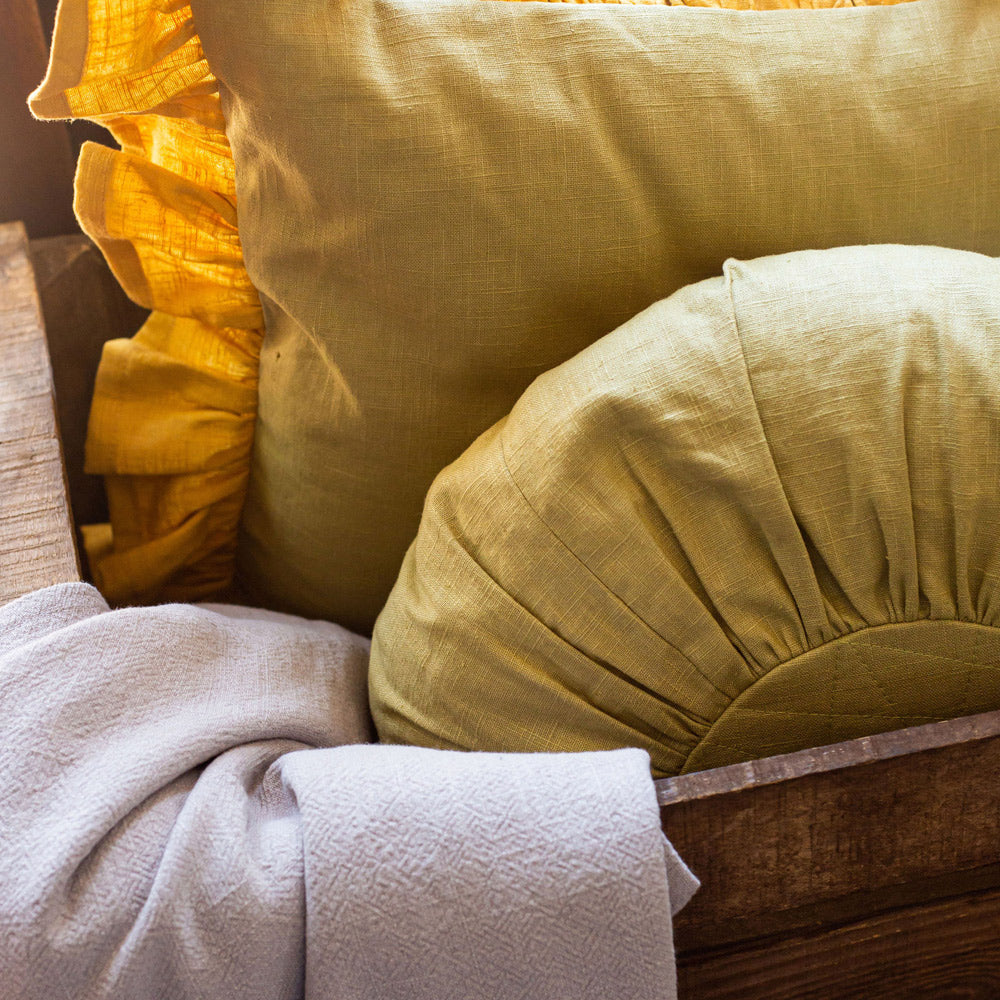 Round Linen Cushion in Green