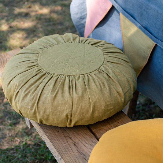 Round Linen Cushion in Green