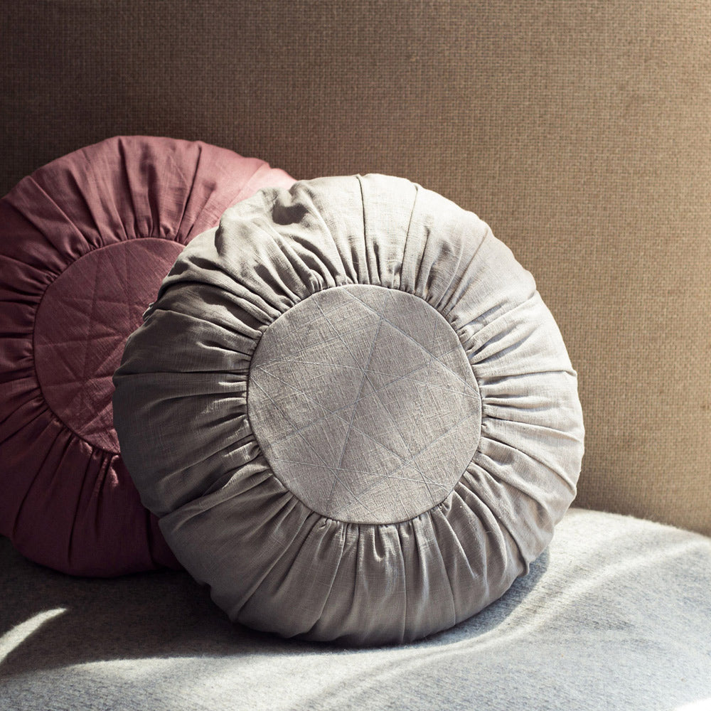 Round Linen Cushion in Soft Grey
