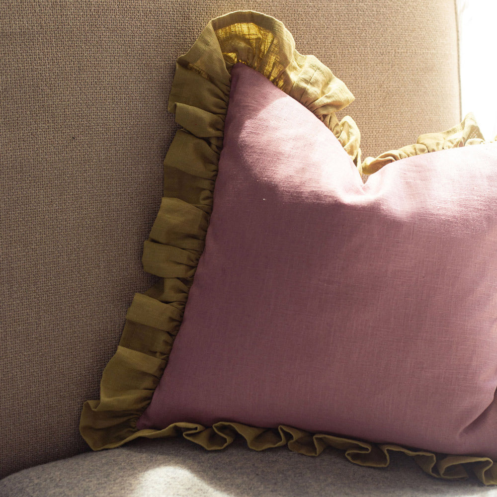 Frilled Pink Linen Cushion