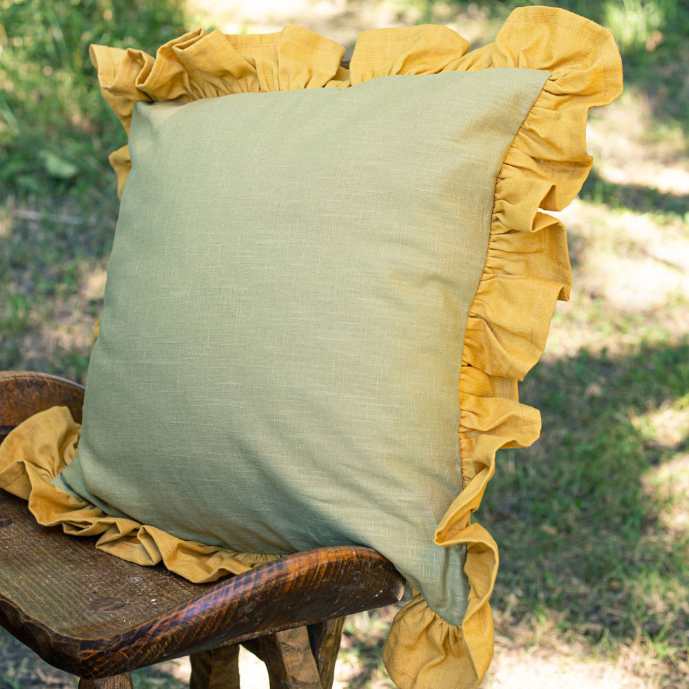 Frilled Linen Cushion Green Gold