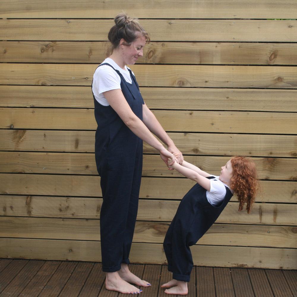 Navy Linen Dungarees adult and child
